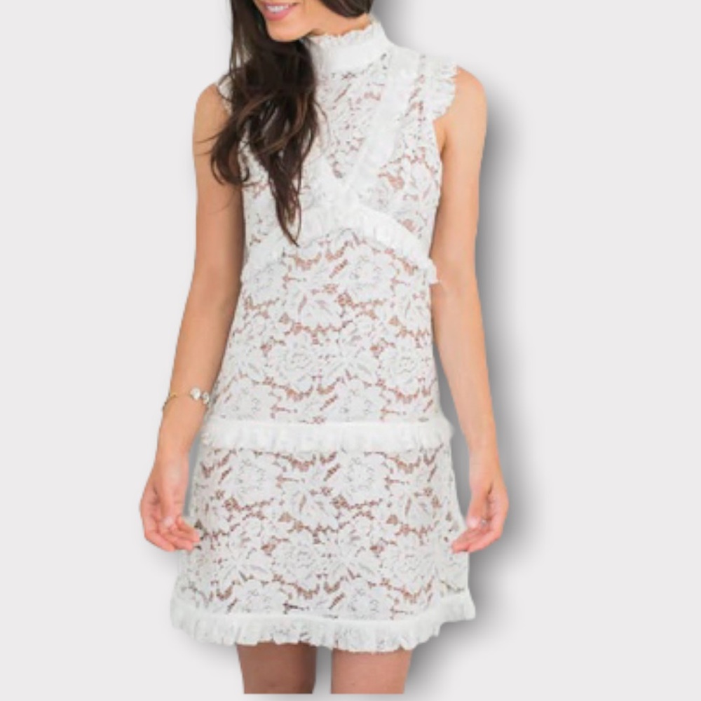 Space 46 The Penny Ruffle High Neck Lace Dress White and Nude Sz M - Picture 6 of 11
